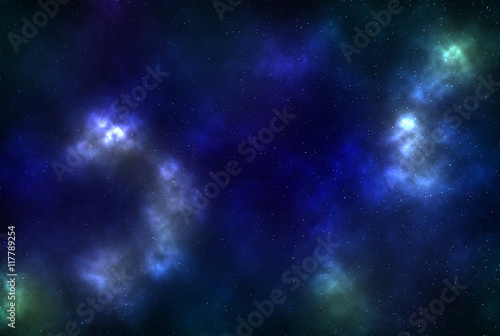 Digital illustration of glowing deep-space background with colorful gaseous clouds and stars as background for creative design
