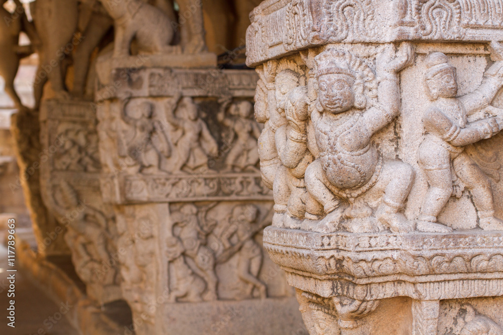 Sculptured columns at the Ranganatha Temple at Srirangam in Tiruchirapalli, Tamil Nadu 