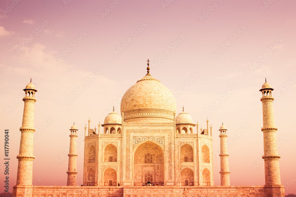 The Taj Mahal of India  with a warm color tone.
