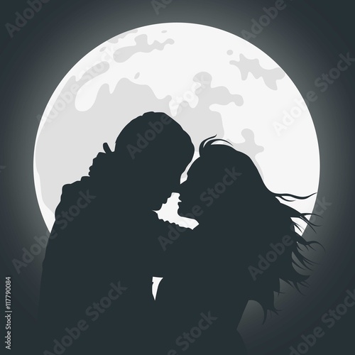 Black silhouette of lovers at night