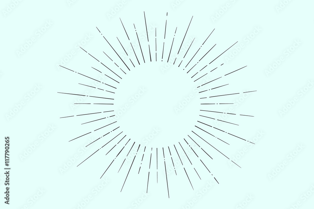Light rays, sunburst and rays of sun. Linear drawing. Vintage hipster style. Light rays sunburst for retro logo, emblem. Vector Illustration