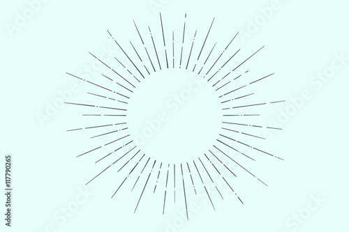 Light rays, sunburst and rays of sun. Linear drawing. Vintage hipster style. Light rays sunburst for retro logo, emblem. Vector Illustration