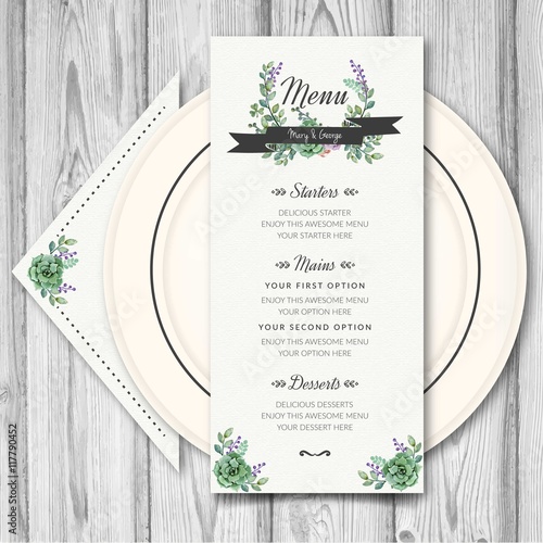 Wedding menu with watercolor flowers