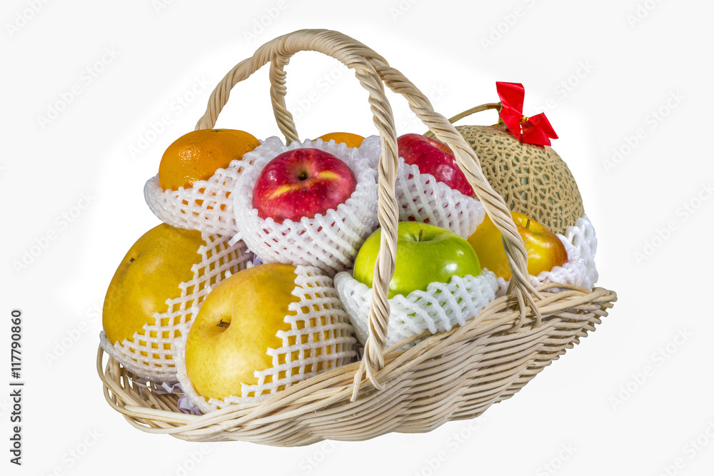 Bunch of fruits in the basket on white background Bunch of fruits in the basket on white background