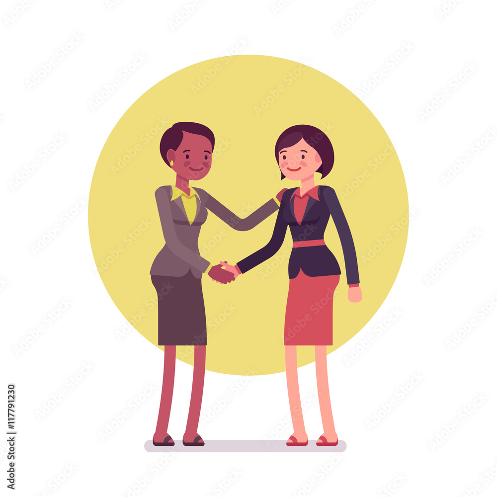 Handshake. Two women in a formal wear. Cartoon vector flat-style business concept illustration Handshake. Two women in a formal wear. Cartoon vector flat-style business concept illustration