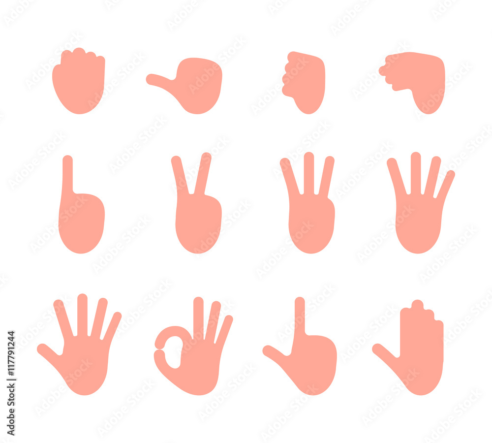 Set of 12 hand gestures. Fist, pointing, like, dislike, victory, palm, ok, gun, hold. Cartoon vector flat-style illustration Set of 12 hand gestures. Fist, pointing, like, dislike, victory, palm, ok, gun, hold. Cartoon vector flat-style illustration