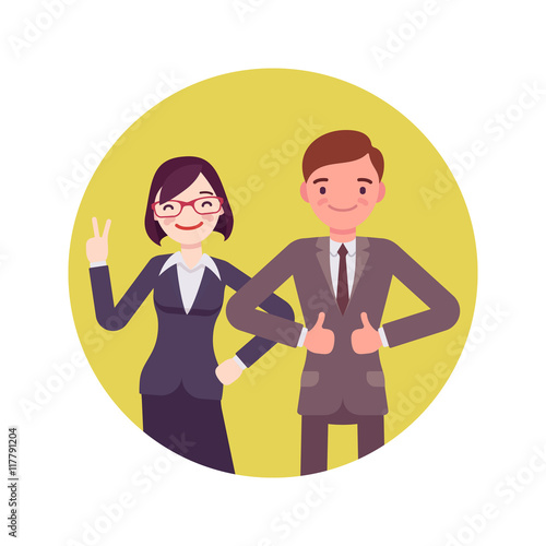 Office workers standing and smiling. Man and women in a formal wear. Cartoon vector flat-style business concept illustration