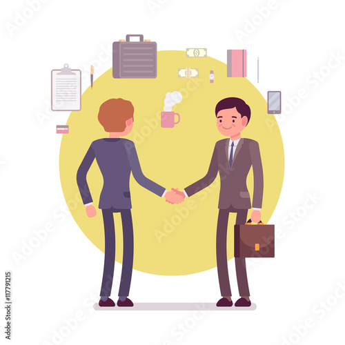 Handshake. Business items around. Two men in a formal wear. Cartoon vector flat-style business concept illustration