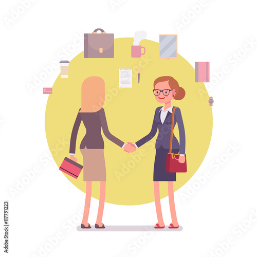Handshake. Business items around. Two women in a formal wear. Cartoon vector flat-style business concept illustration