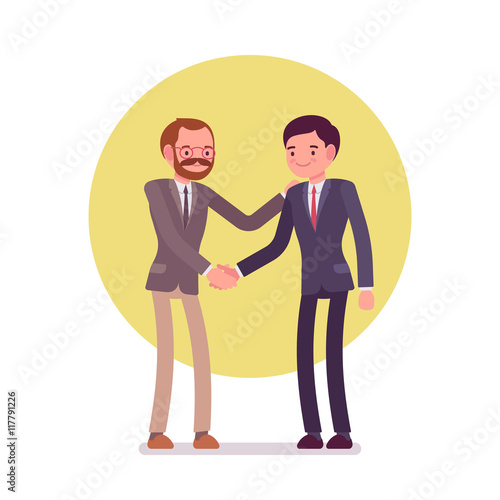 Handshake. Two men in a formal wear. Cartoon vector flat-style business concept illustration