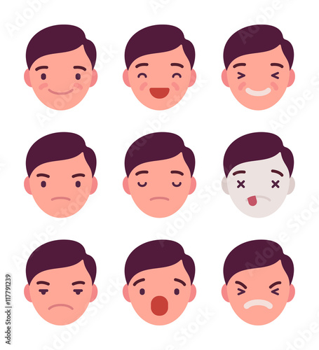 Set of 9 different emotions. Anger and joy. Surprised and hurt. Indifference and shock. Laughter and dream. Cartoon vector flat-style illustration