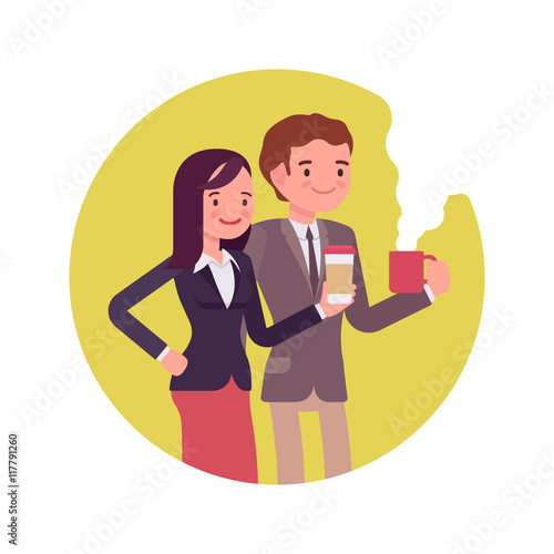 Office workers with coffee. Man and women in a formal wear. Cartoon vector flat-style business concept illustration
