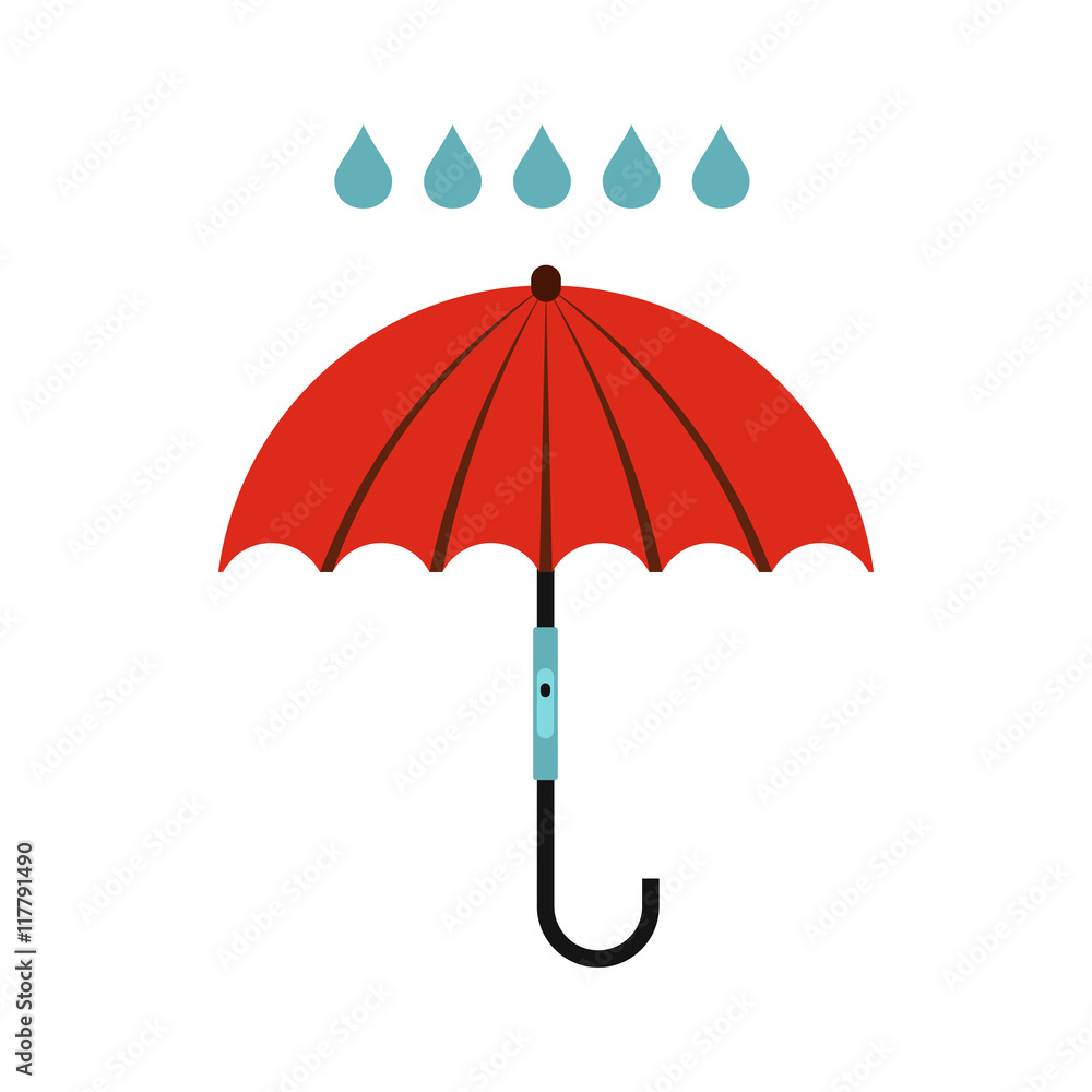 Umbrella and rain icon in flat style isolated on white background. Weather symbol