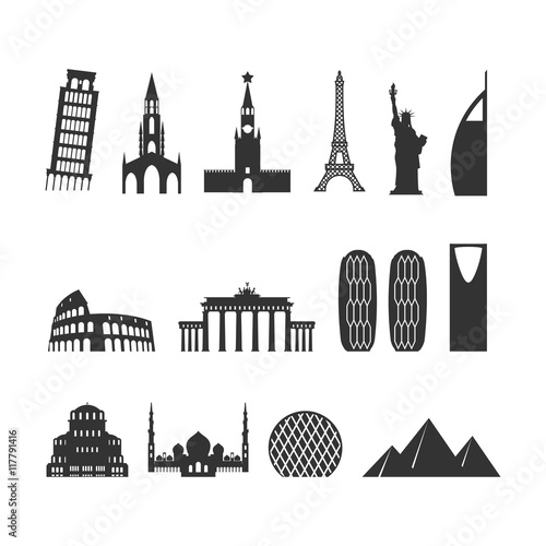 Landmark travel set. silhouette Architectural monuments. Known s