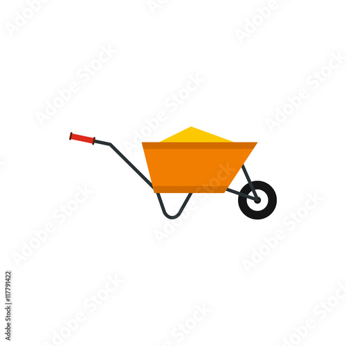 Wheelbarrow with construction debris icon in flat style isolated on white background. Trash symbol
