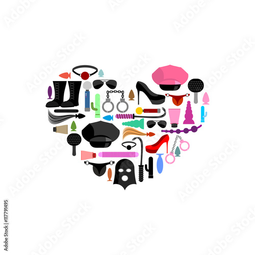 I love BDSM. Sex toys in form of heart. Emblem for fans of hard