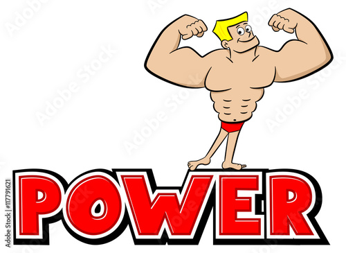 das Wort Power mit einem Cartoon Bodybuilder