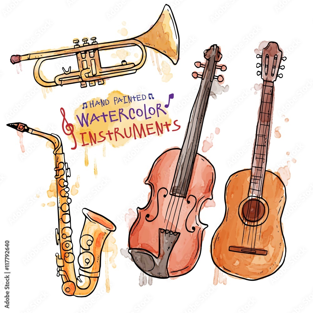 Naklejka premium Hand painted watercolor instruments