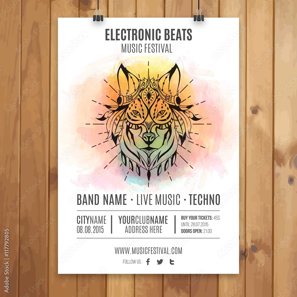 Obraz Elektroniczny plakat imprezowy z ręcznie malowanym wilkiem
