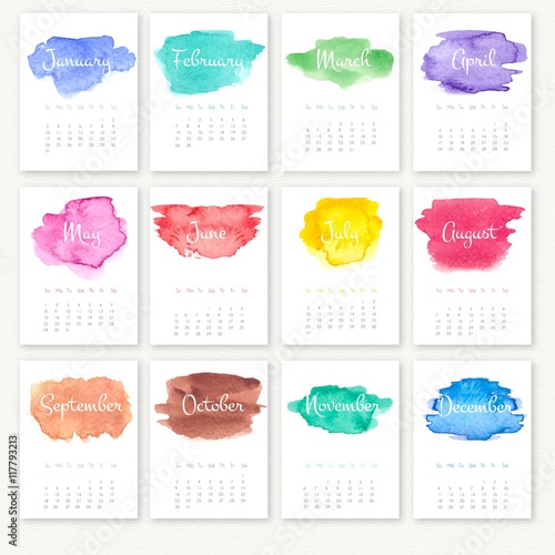 Yearly calendar with watercolor stains