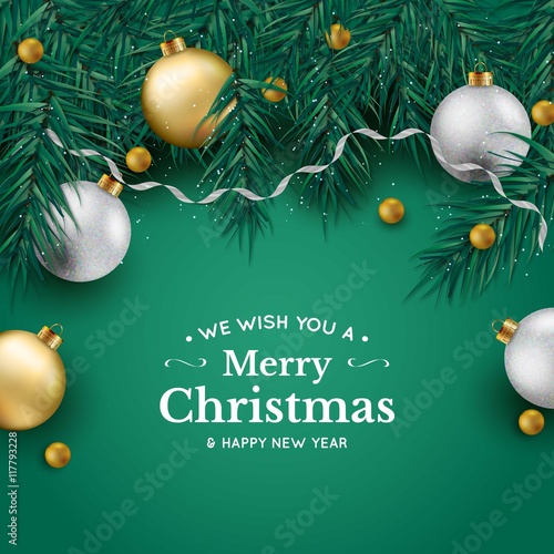 Green christmas background with baubles