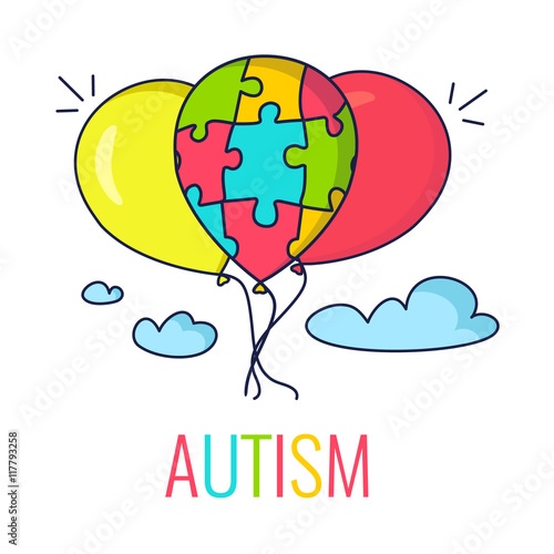 Autism awareness poster with colorful balloons. Balloon made of puzzle pieces as symbol of autism. Vector illustration.