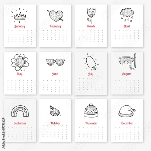 Calendar with sketchy seasonal elements