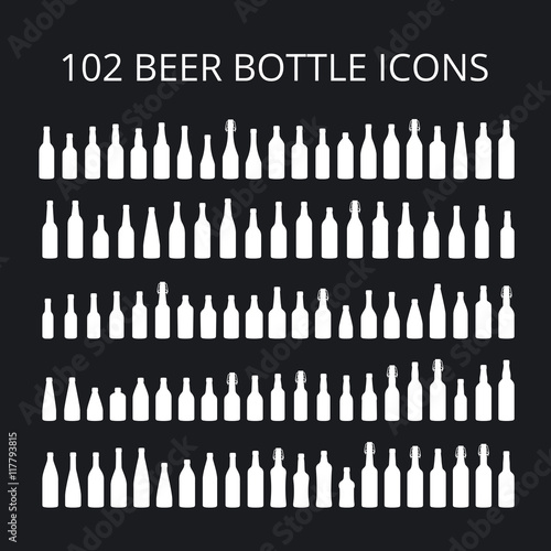 102 beer bottle icons set. All types of beer bottles