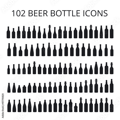 102 beer bottle icons set. All types of beer bottles