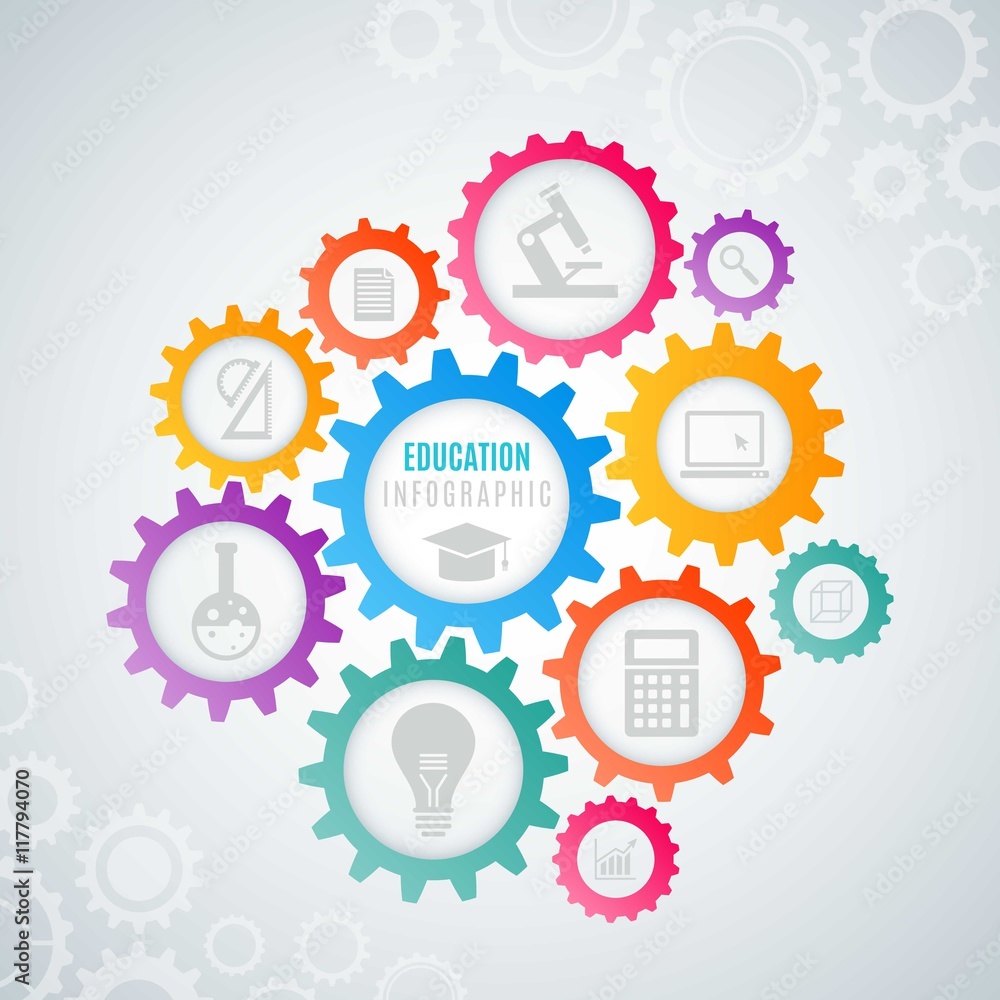 Education infographic with colored gears Education infographic with colored gears