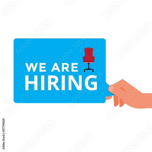 Hand holding WE ARE HIRING message. Hire announce on the bubble speech. Cartoon Vector Illustration.
