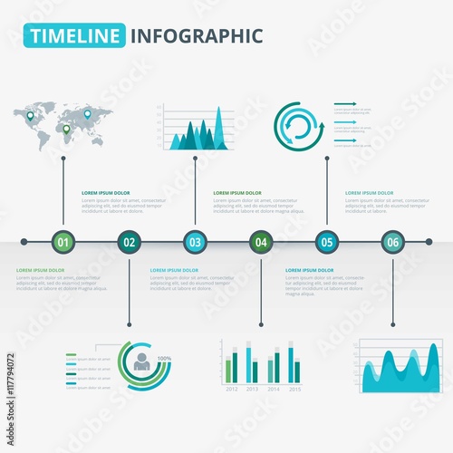 Modern timeline graphic in blue and green tones