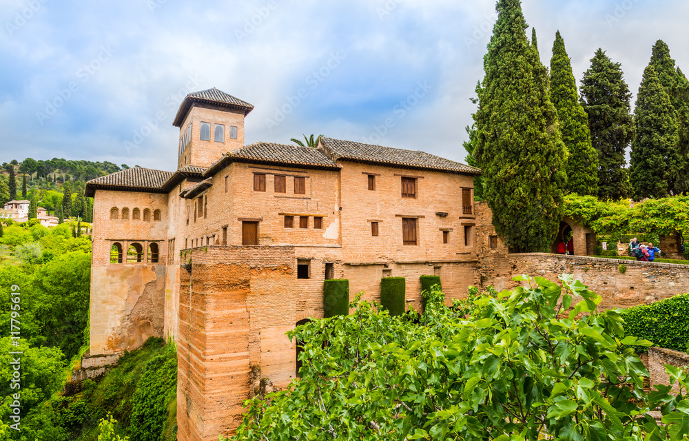 Beautiful traditional architecture of Alhambra palace in Granada, Andalusia, Spain. Closeup view from the air Beautiful traditional architecture of Alhambra palace in Granada, Andalusia, Spain. Closeup view from the air