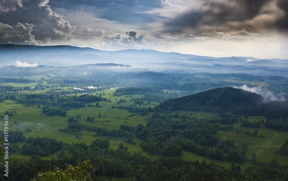 Fototapeta premium Summer aerial panorama of Kaczawskie, Rudawy Janowickie and Karkonosze Mountains in Poland