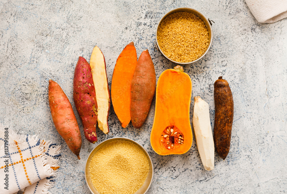 Veggies roots sweet potato, yucca cassava, butternut squash and