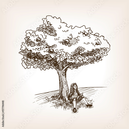 Medieval scientist apple tree sketch vector
