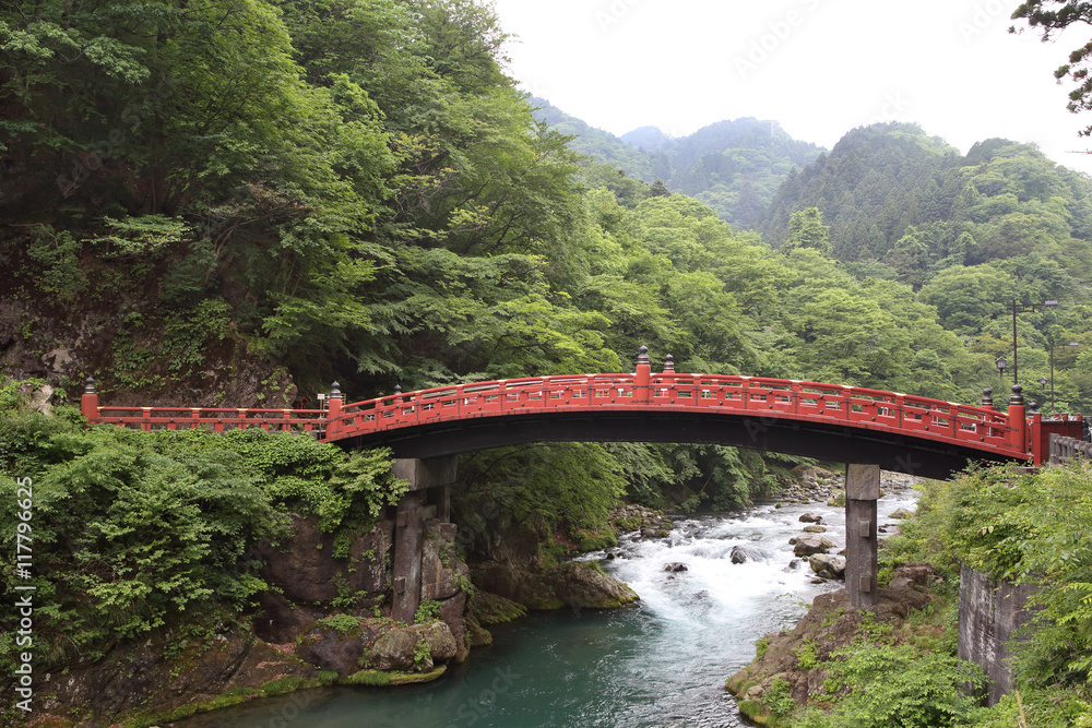 Red Bridge on decorate of garden and canal on Japanese style east asia Red Bridge on decorate of garden and canal on Japanese style east asia