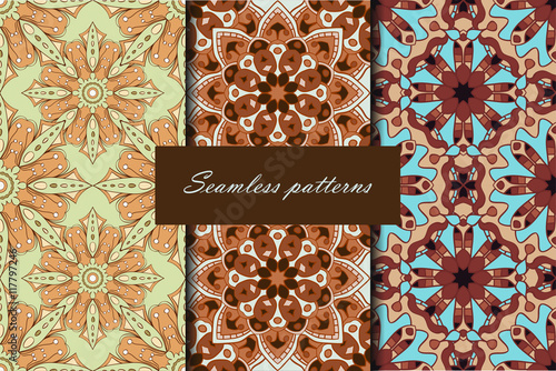 Set with three seamless patterns. Decorative patterns with mandalas in chocolate and pistachio colors. Vector backgrounds