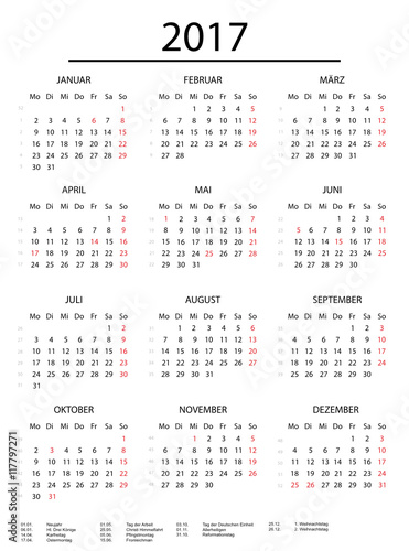 Kalender 2017 ohne Rahmen mit Feiertagen