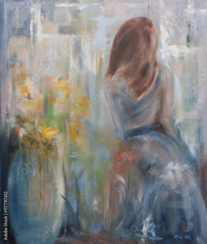 A woman is standing by the window. There is a large flowerpot by here side. The lady is waiting for someone. Bluish oil painting on canvas.