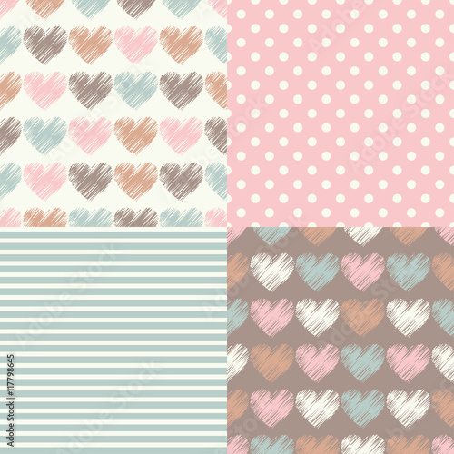 Set of 4 seamless vector background with decorative hearts. Print. Cloth design, wallpaper.