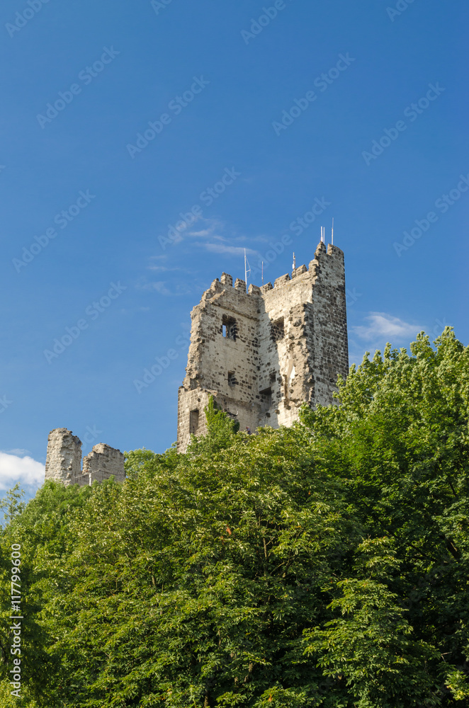 view of destroyed castle tower in germany, summer day