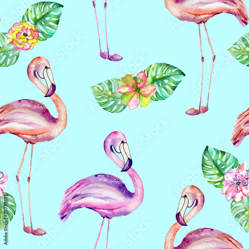 Seamless pattern with the flamingo and exotic flowers  hand painted in watercolor on a mint background