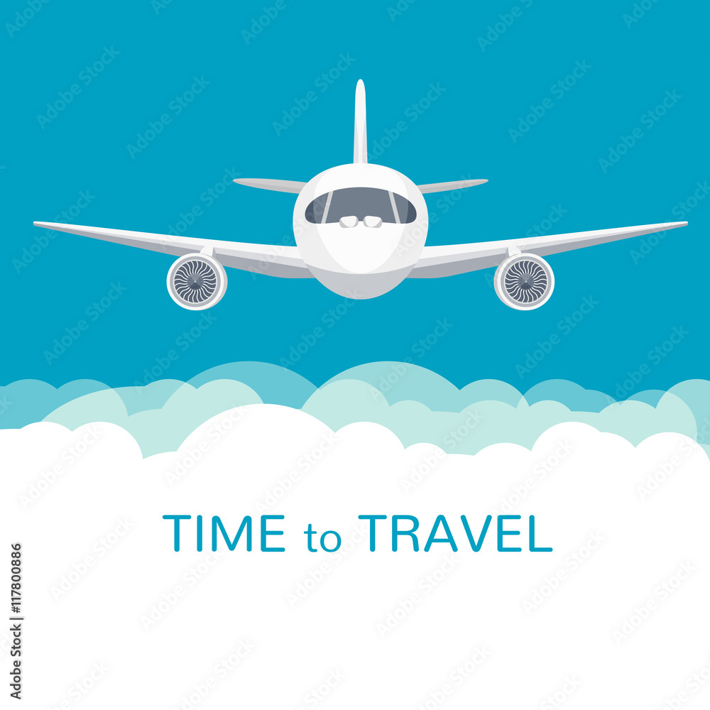 Aircraft with wide wings is flying in blue cloudy sky Aircraft with wide wings is flying in blue cloudy sky
