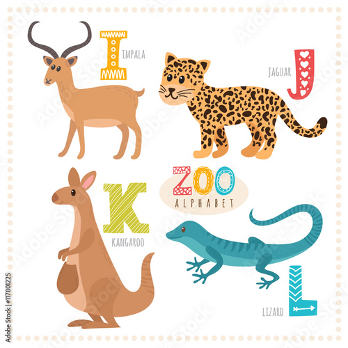 Cute cartoon animals. Zoo alphabet with funny animals. I  j  k 