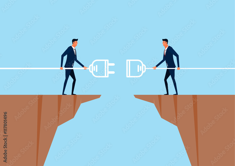 Business connection concept. Businessman connecting big plug and socket on cliff. Cooperation interaction. Cartoon Vector Illustration. Business connection concept. Businessman connecting big plug and socket on cliff. Cooperation interaction. Cartoon Vector Illustration.