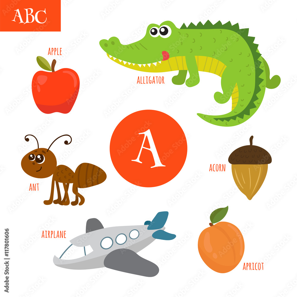 Letter A. Cartoon alphabet for children. Alligator, ant, apple, Stock  Vector | Adobe Stock