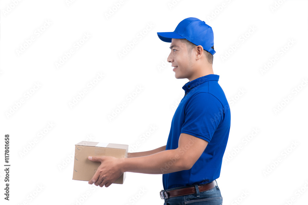 Delivery Person. Asian postman with parcel box. Postal delivery Delivery Person. Asian postman with parcel box. Postal delivery
