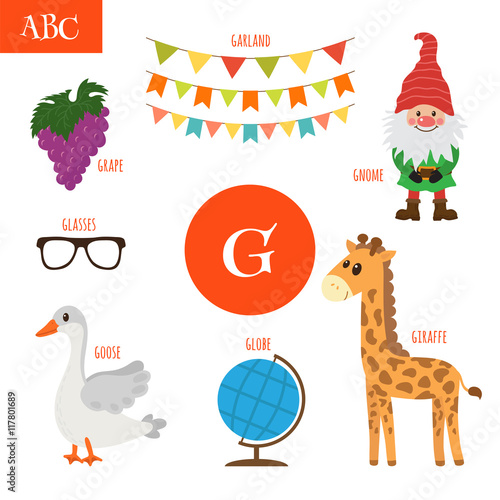 Letter G. Cartoon alphabet for children. Giraffe  gnome  grape 
