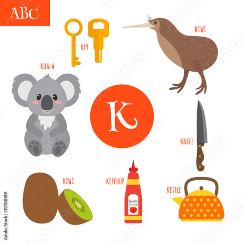 Letter K. Cartoon alphabet for children. Koala, key, kettle, ket